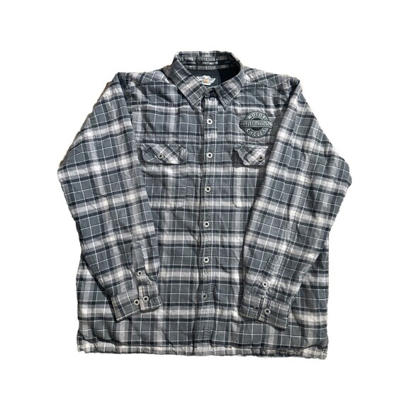 Harley Davidson Grey Plaid Thermal Lined Flannel Shirt Shacket Pockets Mens XL - Picture 1 of 6
